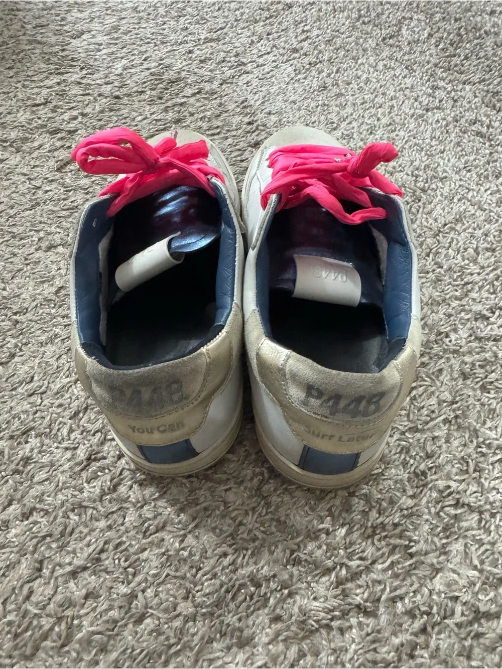 P448 White Leather Sneakers with Neon Pink Laces